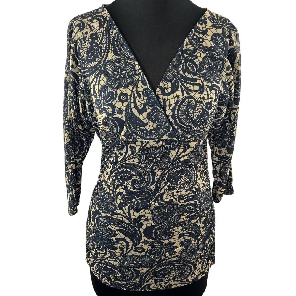 SWEET PEA Black Tan Lace Print V-Neck Surplice Long Sleeve Slim-Fit Top Blouse M